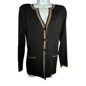 Exclusively Misook Womens black cardigan sweater jacket size small brown trim
